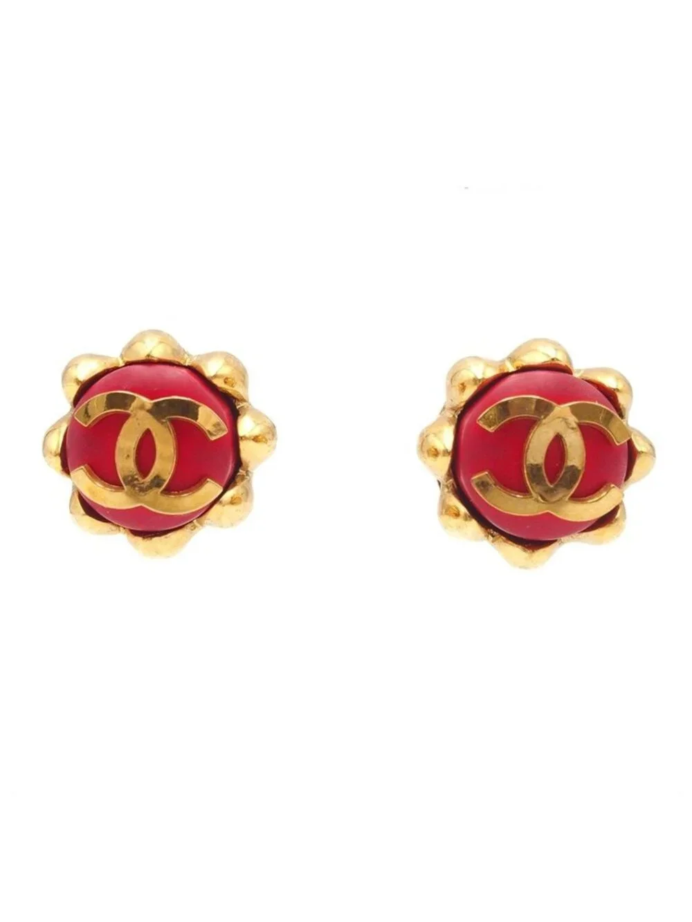 Chanel Earrings Red Gold Metal CC Logo Stone Costume Vintage 29